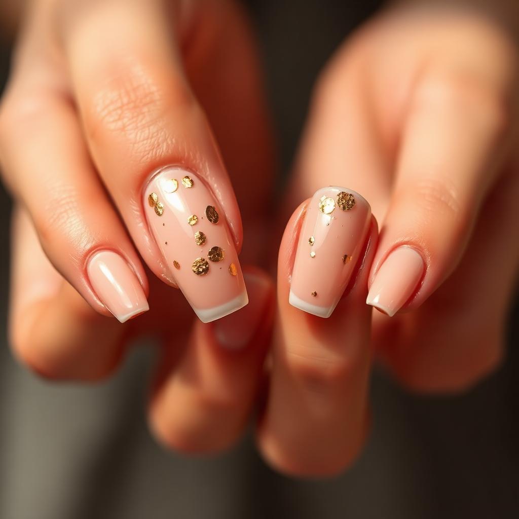 Gold Foil Flake Nails: Editorial Nude Manicure with Real Gold Accents