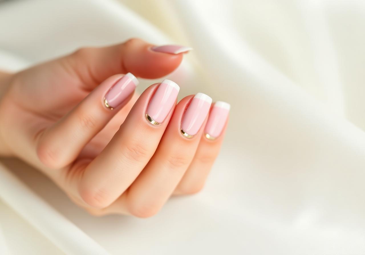 Soft Pink French Tips with Gold Foil Accent