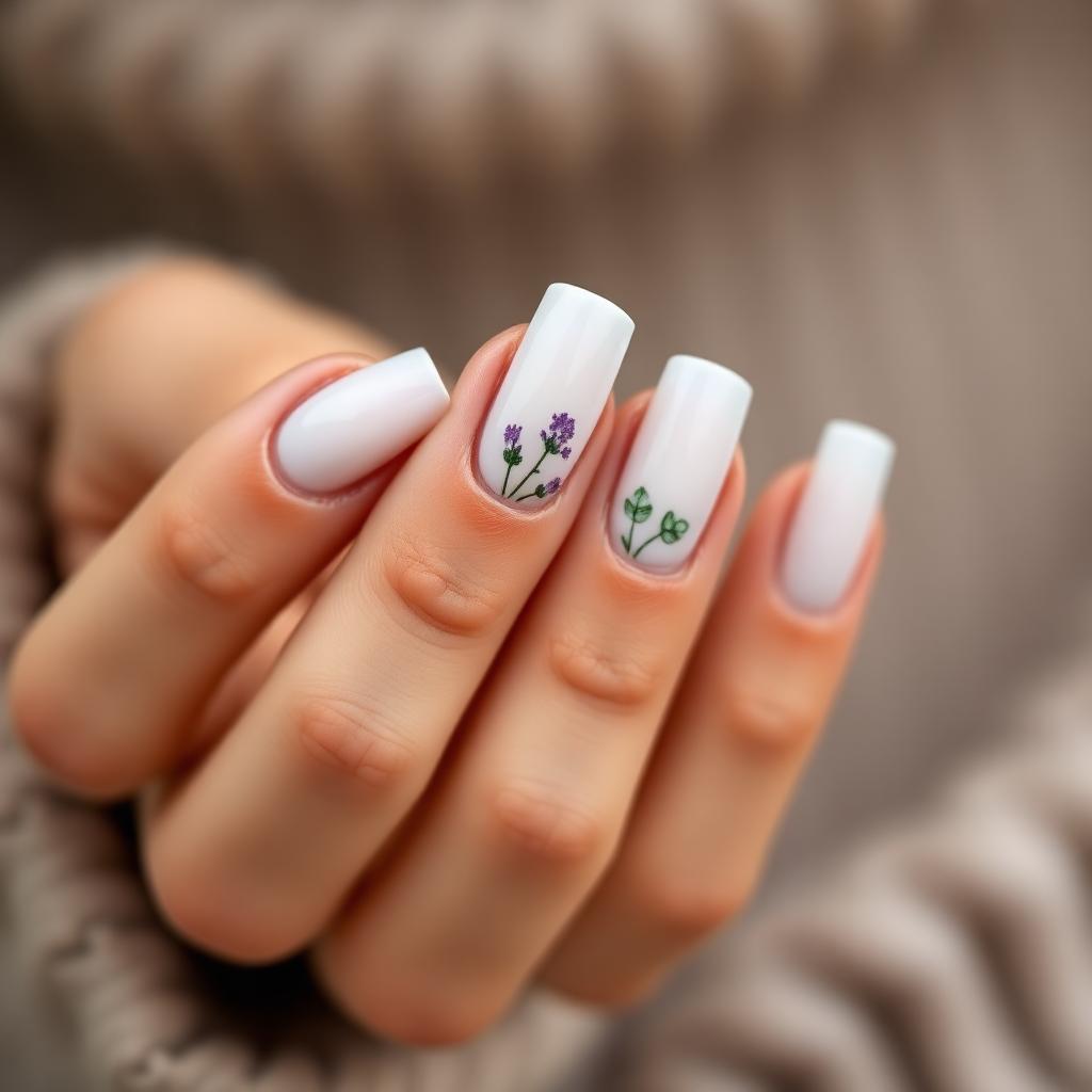 Wildflower Botanical Nail Art: Tiny Lavender Sprigs on Milky Nails